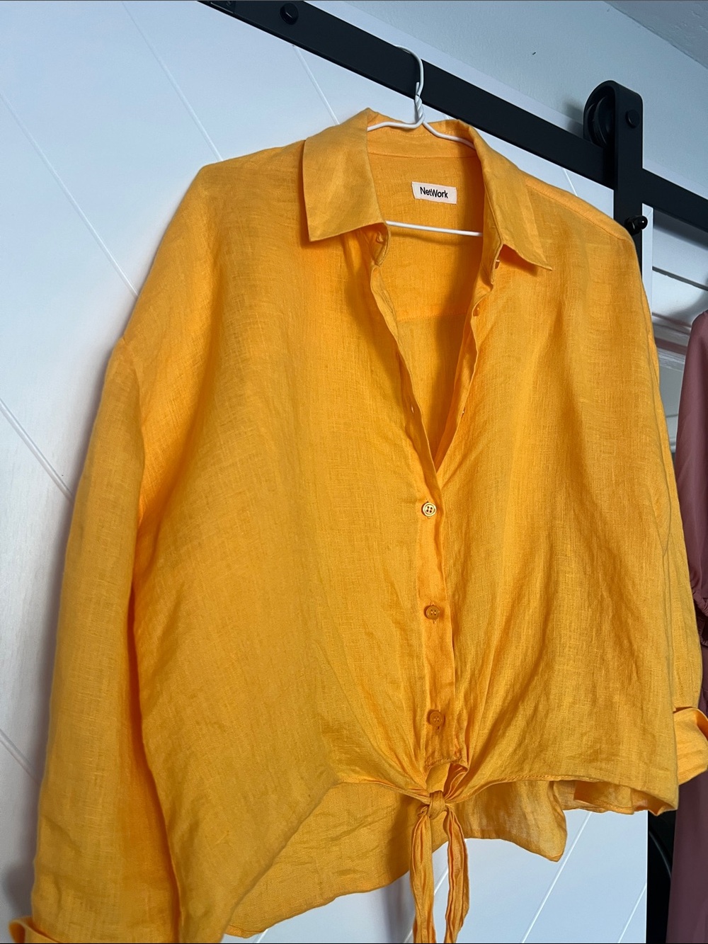 100% Linen - Network Yellow Tie-Front Button-Down Linen Shirt